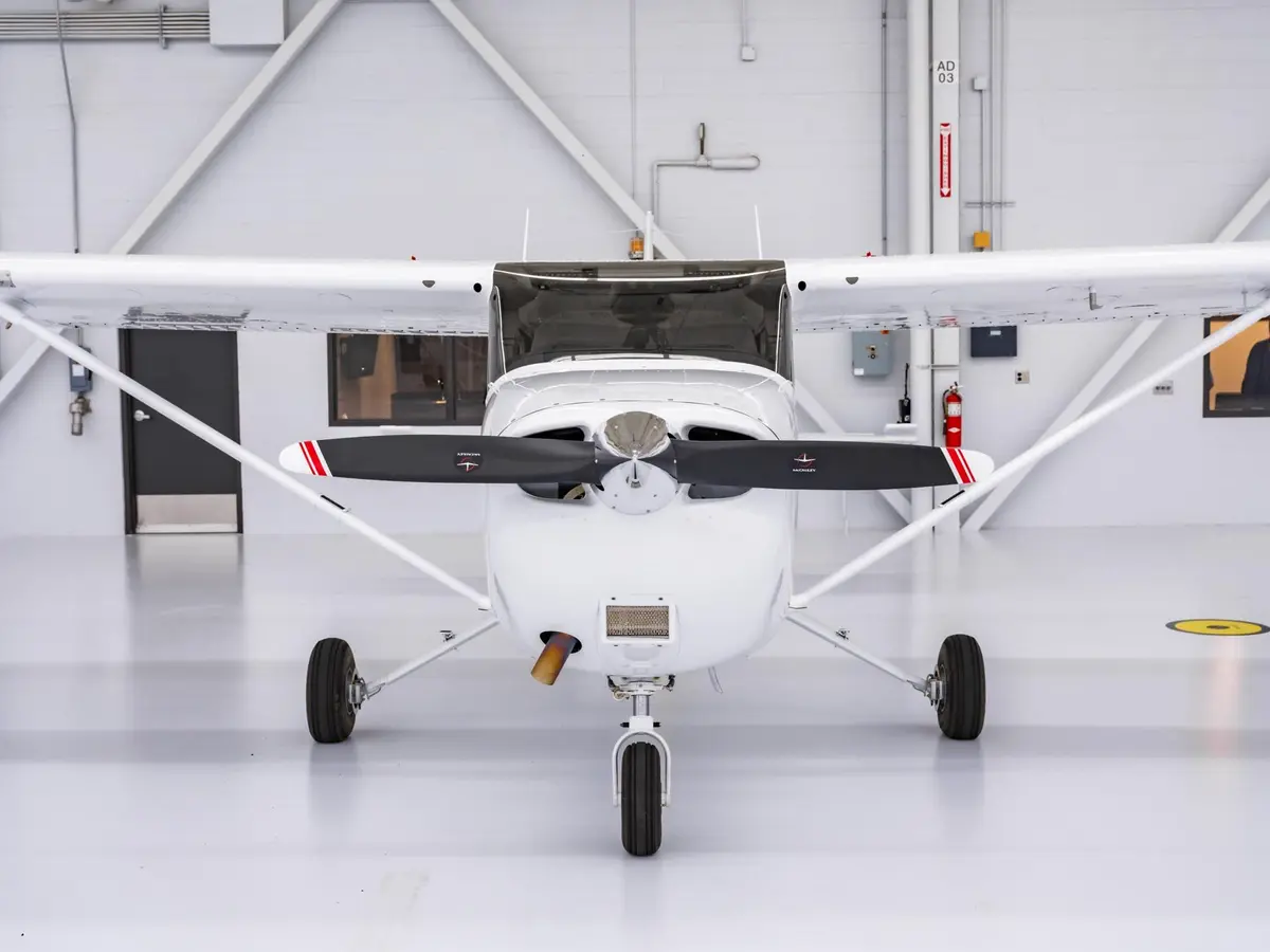 Cessna 172S nose-on in the hangar